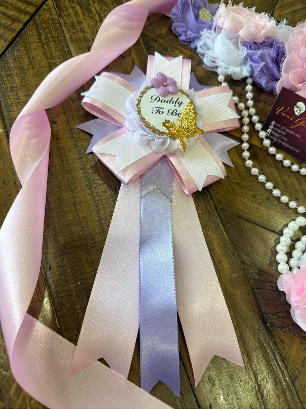 Floral Pink & Lavender Maternity Sash with Pearl Bracelet